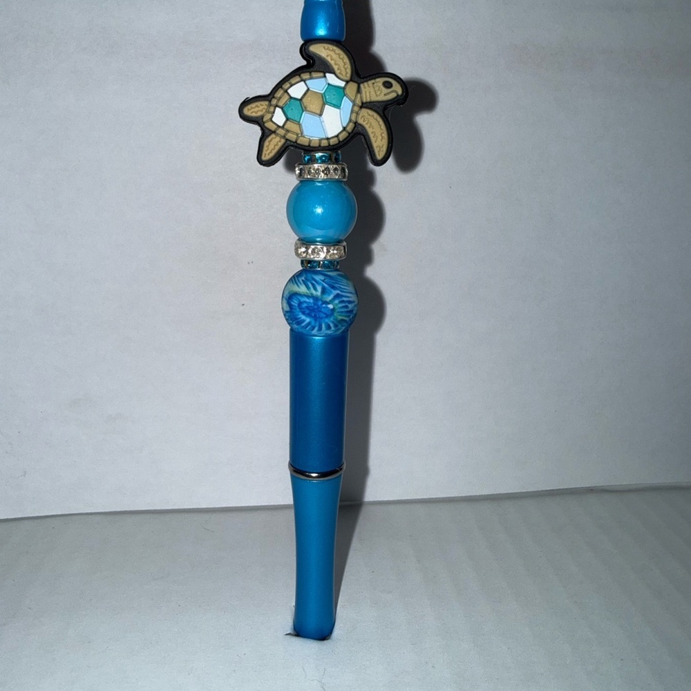 Handmade Beaded Pen- Blue Sea Turtle with resin and silicone Beads